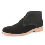 3/4th front view of Stefano Black Suede Chukka Boot with defined profile