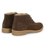 3/4th rear view of Stefano Brown Suede Chukka Boot with clean heel construction