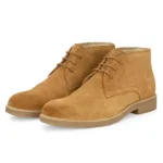 3/4th front angle of Stefano Camel Suede Chukka Boot with clean design