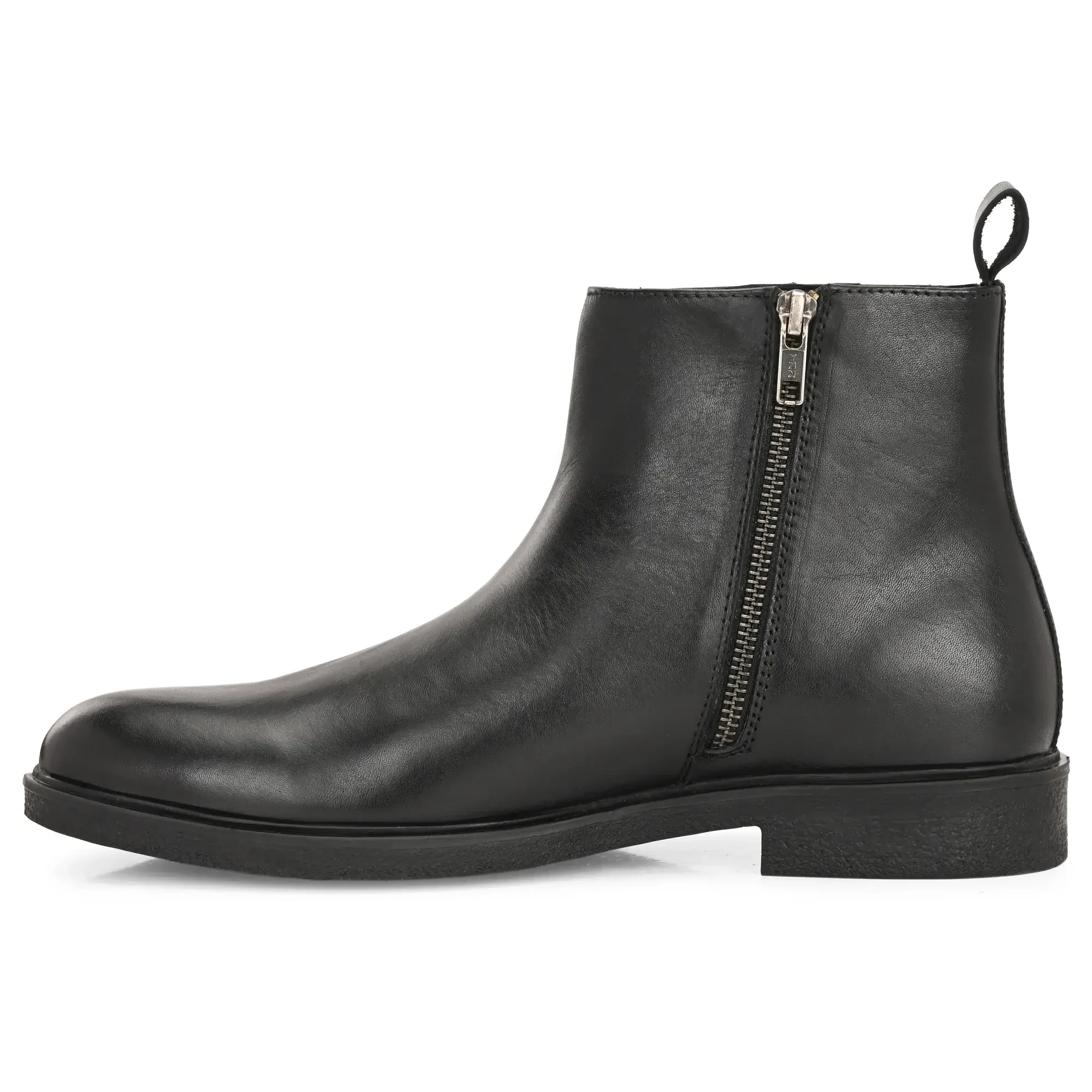 Black Federico zip-up boot inner side view with TPR sole and sleek leather