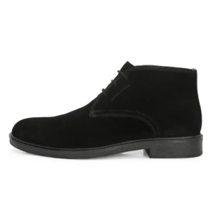 Outer side of Stefano Black Suede chukka Boot with clean suede finish