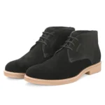 3/4th front view of Stefano Black Suede Chukka Boot with defined profile