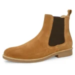 3/4th front view of Daniele Camel Suede Chelsea Boot highlighting upper cut