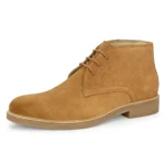 3/4th front angle of Stefano Camel Suede Chukka Boot with clean design