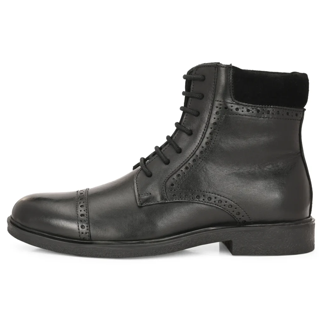 Outer Side of Black Gabriele Combat Boot – Brogued Cap-Toe Detail
