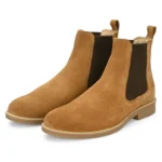 3/4th front view of Daniele Camel Suede Chelsea Boot highlighting upper cut pair
