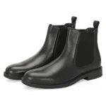 Black Daniele Chelsea Boot 3/4 Front View – Full-Grain Leather, Devogue Paris Pair