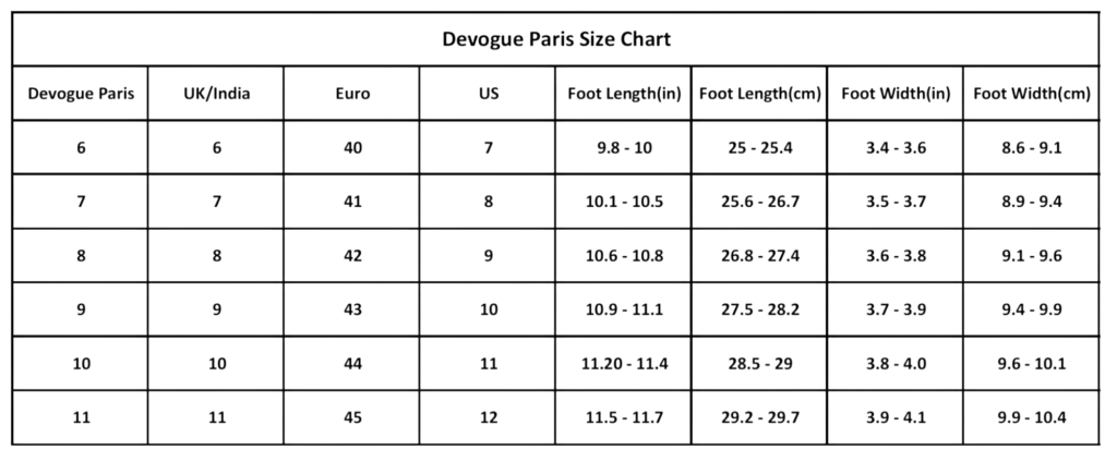 Devogue paris size chart image
