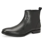 Three-quarter front view of Black Rodrigo Boots showing zipper and toe shape
