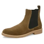 3/4th front angle view of Daniele Olive Suede Chelsea Boot showcasing toe shape and suede texture