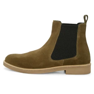 Outer side of Daniele Olive Suede Chelsea Boot with gusset