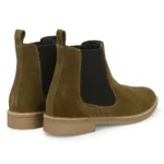 3/4th rear angle view of Daniele Olive Suede Chelsea Boot highlighting heel and back design