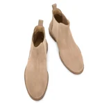 Top view of beige suede Chelsea boots showing elastic gussets – Devogue Paris