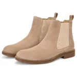 3/4th front angle of beige suede Chelsea boots for men – handcrafted by Devogue Paris Pair