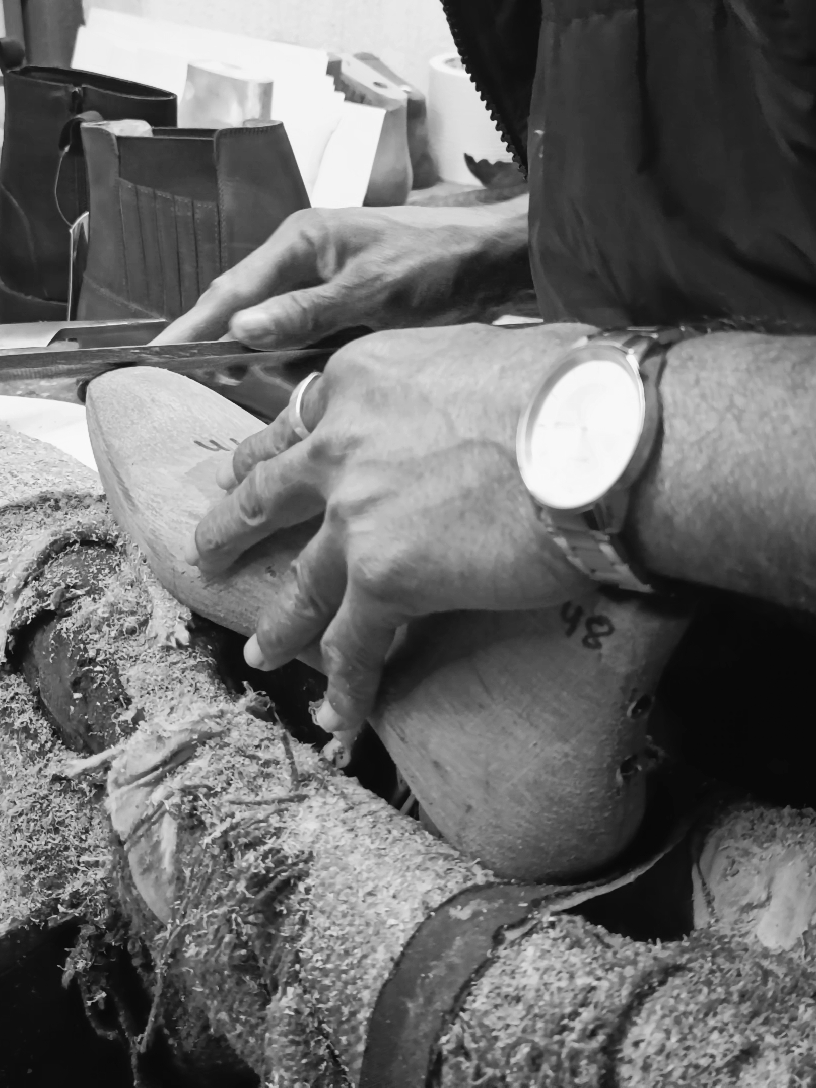 artisan making shoe last perfect image